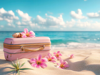 Tropical Beach Suitcase with Flowers and Seashell