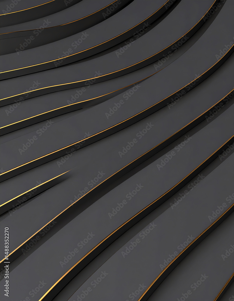 Poster abstract design featuring smooth, curved layers in dark tones with golden accents, creating a modern