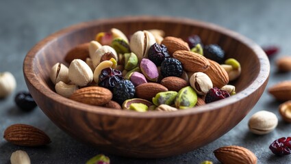 Wooden bowl filled with mixed nuts. Hazelnut, almond, cashew, pistachio, dried blueberry. Concept of vegetarian cuisine. nutritious snacks