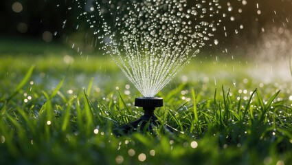 Green lawn being irrigated by sprinkler system