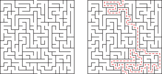Complex maze puzzle illustrating pathfinding and solution strategies with a red line