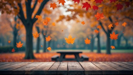 Amber tree's fall leaf in park scenery with vacant wooden table, stunning nature beer garden background allowing for product or text