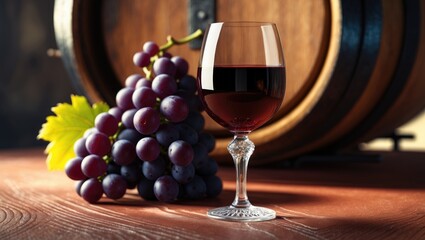 Obraz premium Glass of red wine with a bunch of grapes in front of barrels