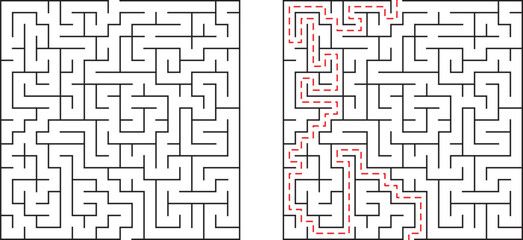 Challenging black and white maze with solved path highlighting the correct route