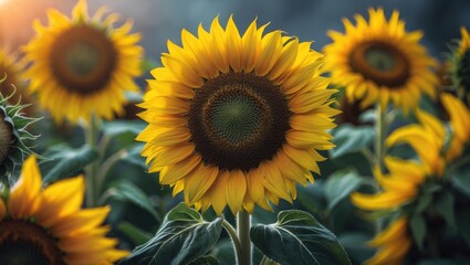 Obraz premium With its large, round flower head and yellow petals surrounding a dark center, the sunflower is a bright and cheerful flowering plant.