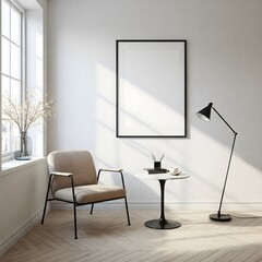 Frame mockup, ISO A paper size. Living room wall poster mockup. Interior mockup with house background. Modern interior design. 3D render 