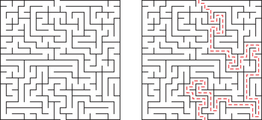 Complex maze solution with marked path showing route through difficult puzzle challenge