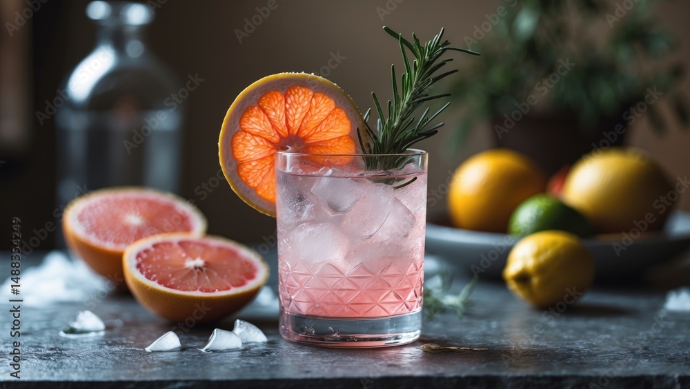 Poster stone table displaying a cocktail of ice, rosemary, and grapefruit, complemented by an array of citr