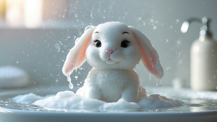 Foam-drenched white rabbit plushie. Toy washing. Domestic cleanliness.