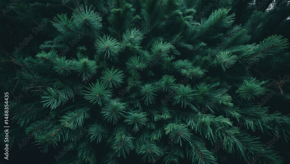 Poster evergreen fir foliage pattern. close-up of dense green conifer needles, creating a natural texture. 
