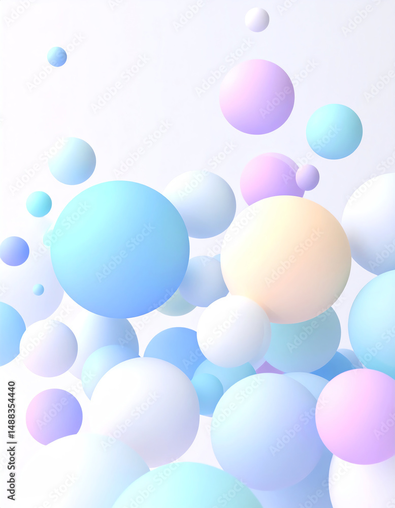 Poster colorful spheres float against a light background, creating a whimsical and abstract design that evo