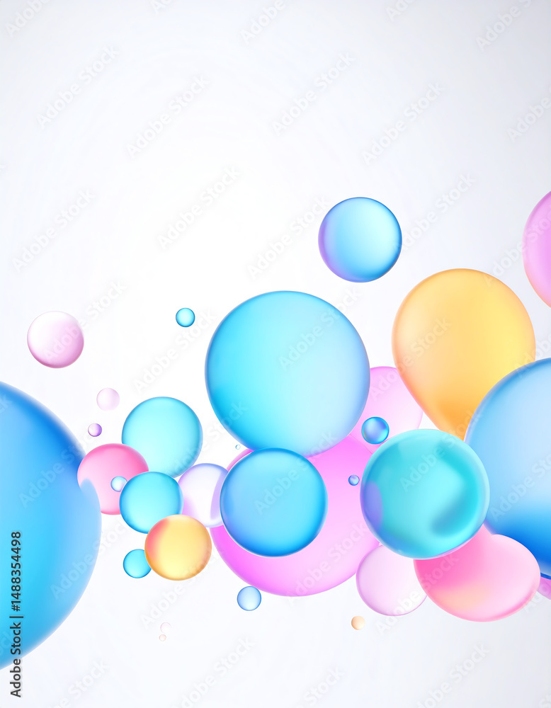 Poster colorful, translucent bubbles float against a light background, creating a playful and vibrant atmos