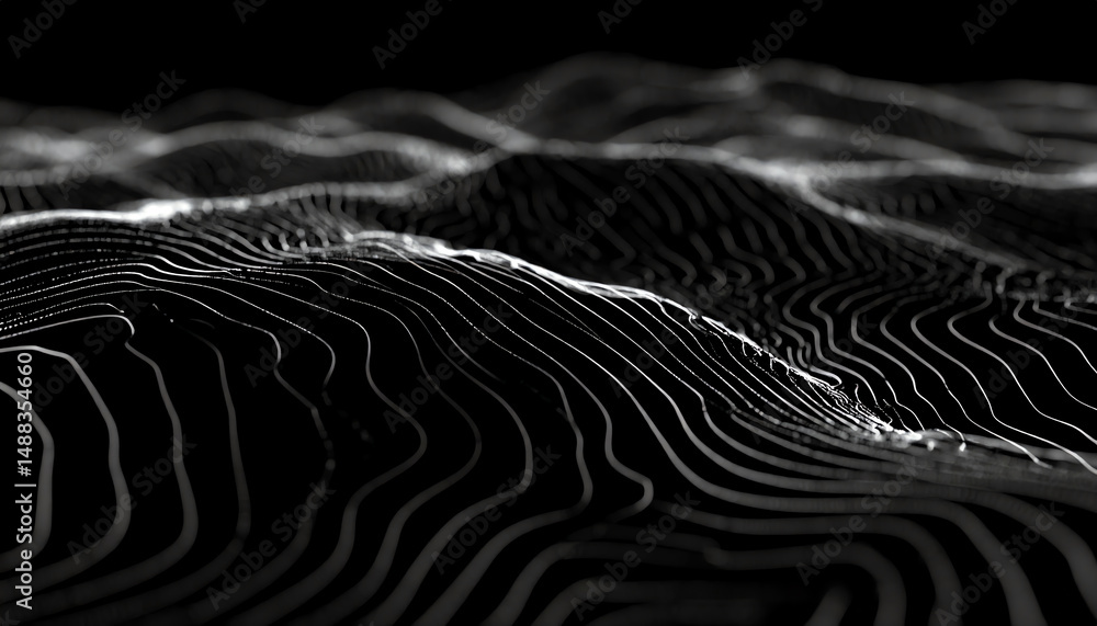 Poster abstract representation of rolling hills or waves, depicted in black and white with intricate line p