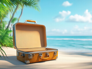 Open Vintage Suitcase on a Tropical Beach