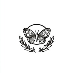 Elegant butterfly design, floral wreath, white background, tattoo art