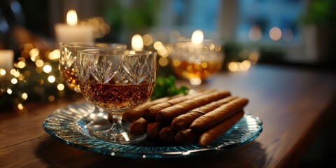 Elegant table setting with whiskey glasses and delicious snacks during a cozy evening gathering