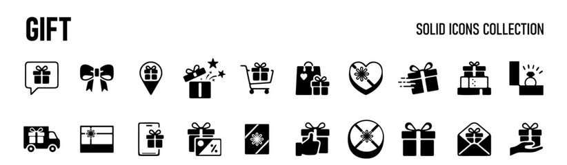 Gift icon set. Containing offer, surprise, gift idea, birthday, bonus, award, Christmas, Solid flat vector icon collection. 