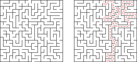 A challenging maze concept showing the solution path in red for problem solving
