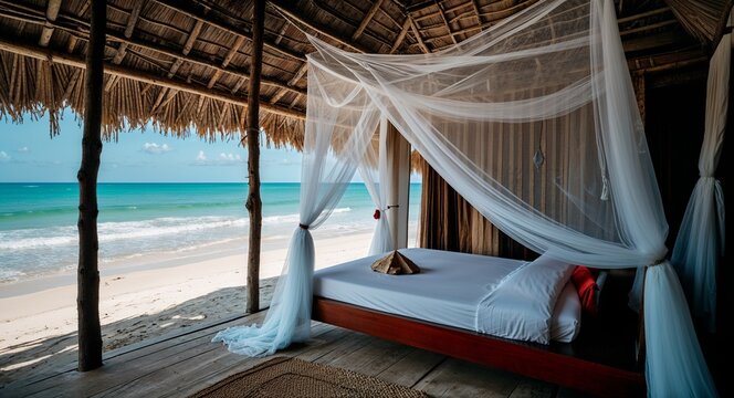 Mosquito net draped over a bed inside a cabana near the shore