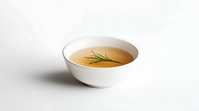 A white bowl containing a light brown liquid with a sprig of rosemary