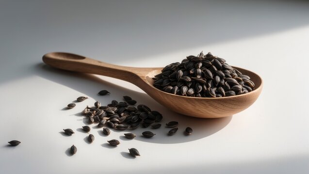 Front view of a wooden spoon filled with seeds isolated on white