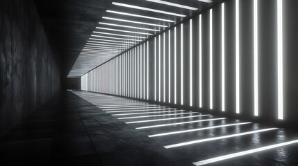 Illuminated corridor with vertical glowing bars, dark and futuristic style