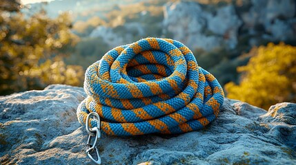 Coiled climbing rope on a rock with a scenic background.