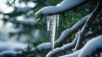 Magnified view of fir tree twigs coated with melting snow and icicles