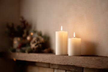 cozy christmas scene featuring candles softly glowing on rustic fireplace