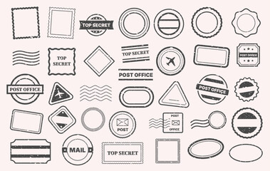 Postal stamp. Vintage travel postmark seal collection with different shapes and sizes, old paper mail delivery marks for postcard or letter. Vector stamps isolated set © Tartila