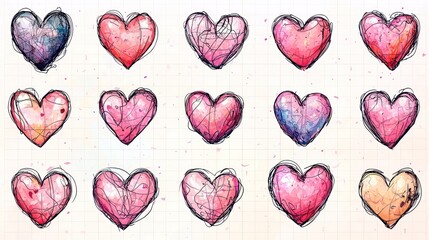 A grid showcases fifteen unique watercolor hearts, each with a distinct color palette and sketched outlines