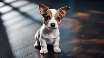 Jack Russell Terrier pup on a dark floor searching for its owner