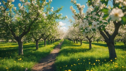 Naklejka premium apple trees garden in bloom