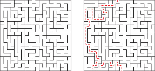 Complex black and white maze puzzle with solved path for problem solving and solutions