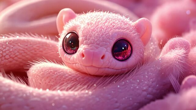 Adorable Pink Snake: An endearing creature, a cute pink snake, captivates with its large, sparkling eyes, nested in soft, pink surroundings, radiating warmth and a touch of whimsy. 