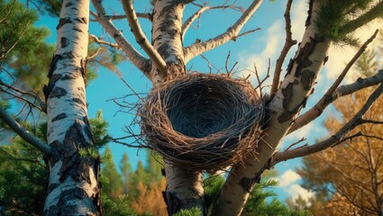 Empty bird nest comfortably nestled among tree branches, with a colorful sky in the background, inspiring feelings of peace and showcasing the elegance of nature's design