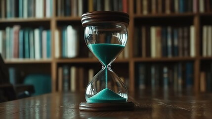 Hourglass with Turquoise Sand in a Library Setting