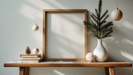 Winter still life arrangement. Mockup in horizontal frame on table or bench with a modern vase containing pine branches, paper ornaments, and books. Background details.