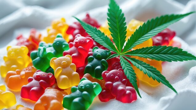 Gummy Bear Candies with CBD or THC, Leaf Isolated on a White Background