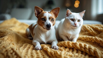 Fototapeta na wymiar Adorable cat and dog on a blanket at home, room for text. Charming pets