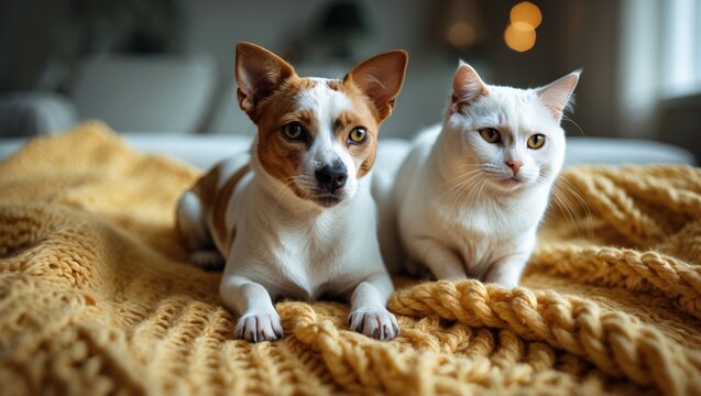 Adorable cat and dog on a blanket at home, room for text. Charming pets