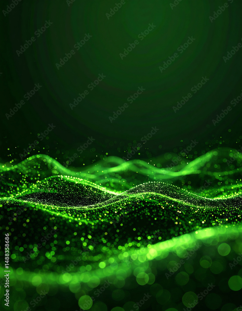 Poster a mesmerizing green landscape of shimmering particles creates a dynamic, wave-like effect, evoking a