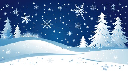 Enchanting winter wonderland scene with stylized snowflakes and snow-covered fir trees