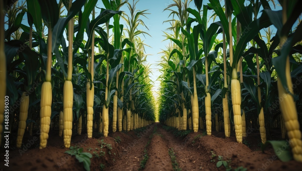Poster a low-angle image of corn rows with brown soil up front and leafy green plants receding into the bac