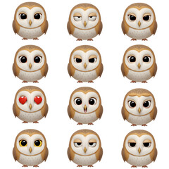 Collection of cartoon owl illustrations with different facial expressions