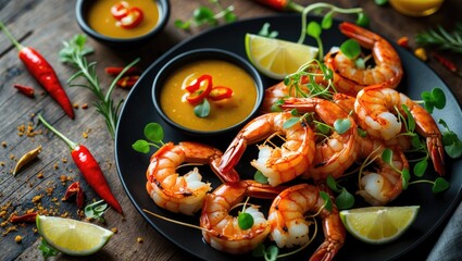 Black plate serving grilled tiger prawns with chili and lime sauce
