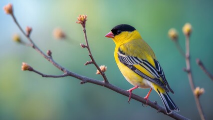 A tiny yellow bird sitting on a natural branch in solitude