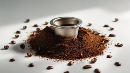 Ground coffee particles, espresso machine handle residue, scoop on a white background, overhead view