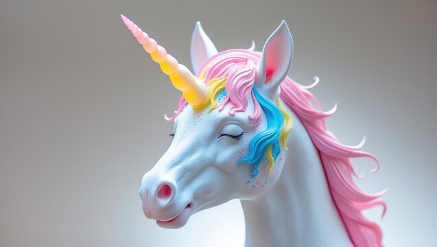 Unicorn head in white paint featuring colorful tears and a pink horn on a bright background. Minimalist fantasy design. - Powered by Adobe