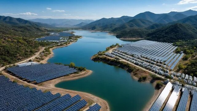 Solar Energy Array by Lake: An aerial perspective captures the vast expanse of a solar energy array harmoniously integrated alongside a serene lake.